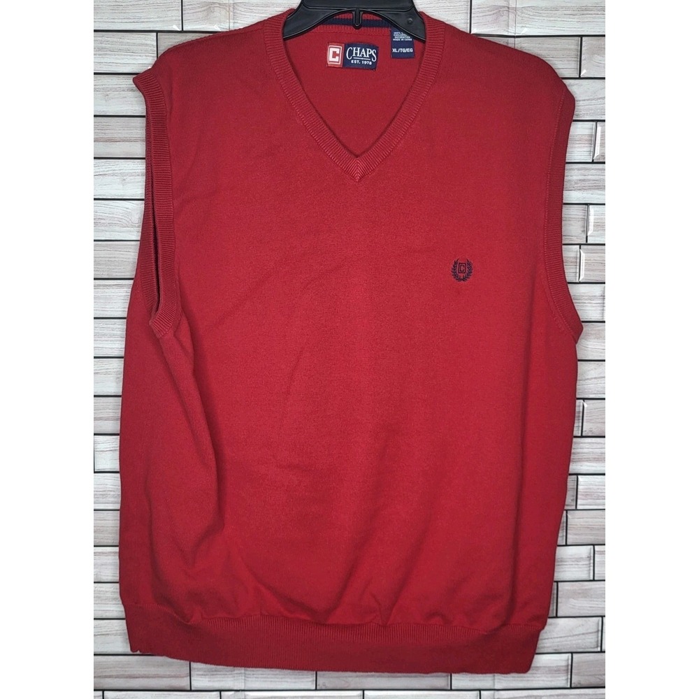 Chaps V-Neck Sweater Vest Adult Extra Large Red Sleeveless 100% Cotton Mens Top